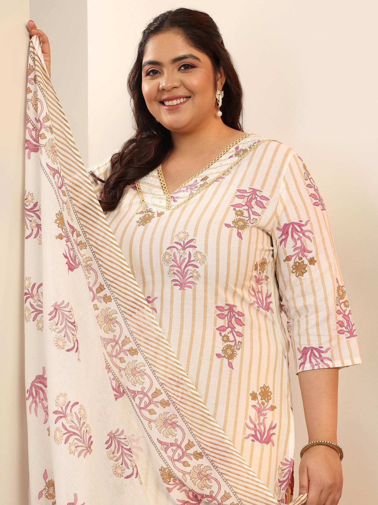 Plus Size Off White Floral Printed Cotton Straight Suit Set With Dupatta
