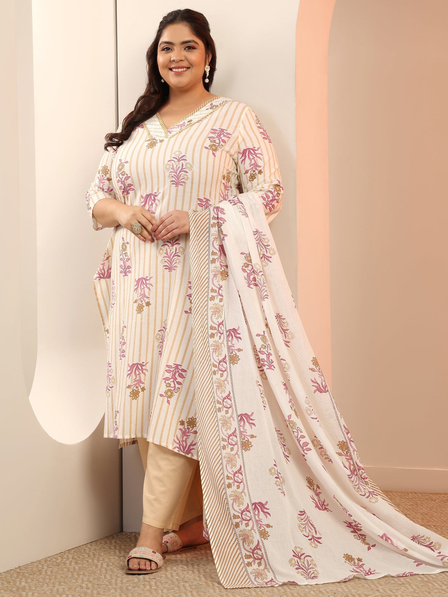 Plus Size Off White Floral Printed Cotton Straight Suit Set With Dupatta