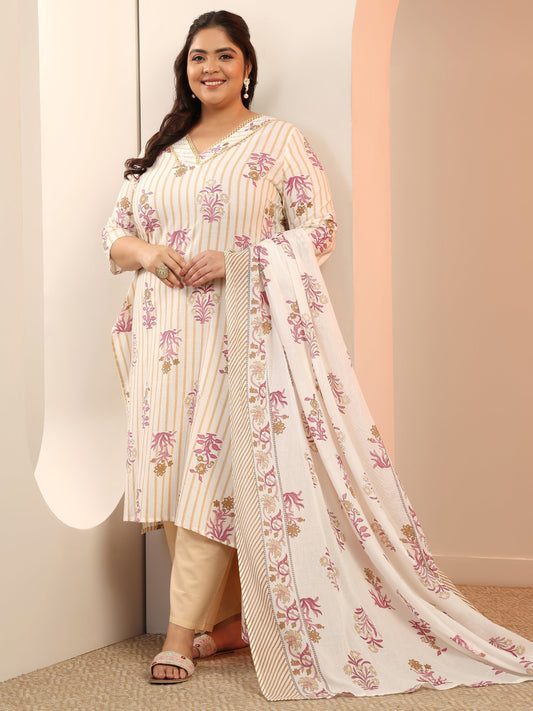 Plus Size Off White Floral Printed Cotton Straight Suit Set With Dupatta