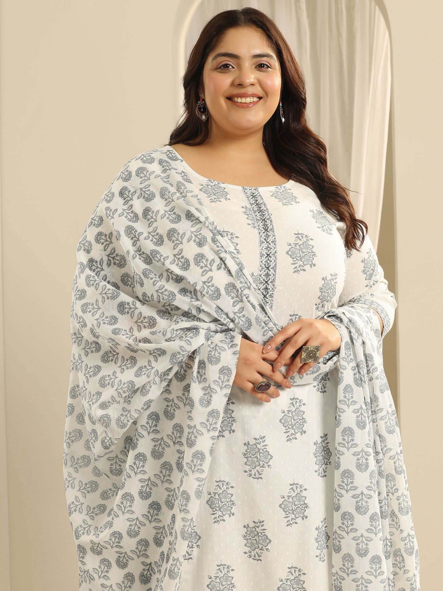 Plus Size Off White Floral Printed Cotton Straight Suit Set With Dupatta