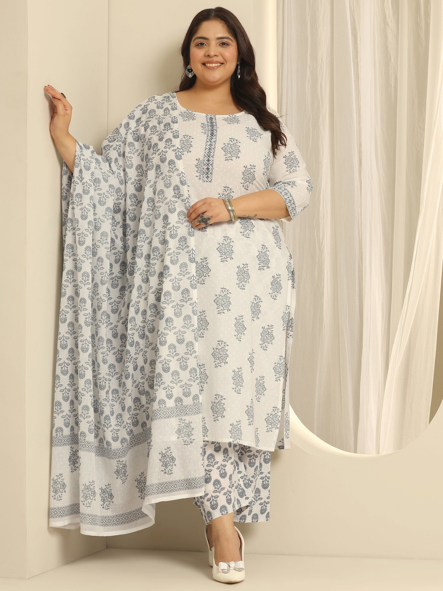 Plus Size Off White Floral Printed Cotton Straight Suit Set With Dupatta