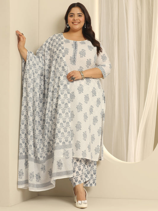 Plus Size Off White Floral Printed Cotton Straight Suit Set With Dupatta