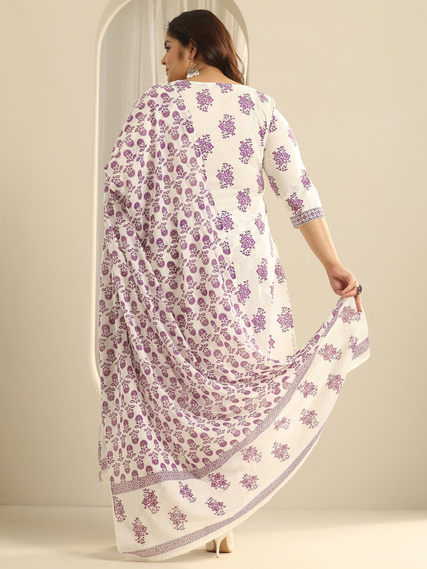 Plus Size Off White Floral Printed Cotton Straight Suit Set With Dupatta