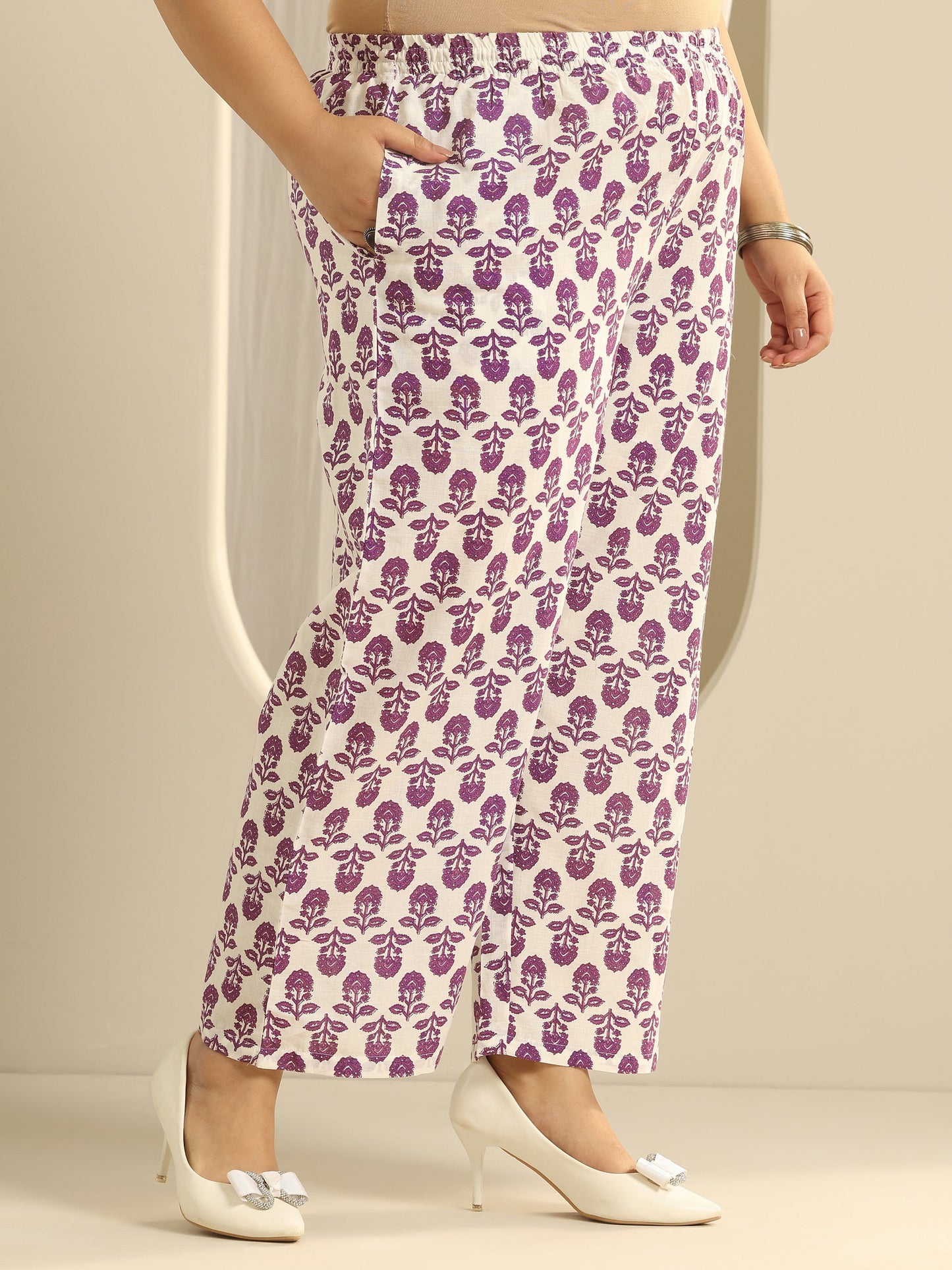 Plus Size Off White Floral Printed Cotton Straight Suit Set With Dupatta