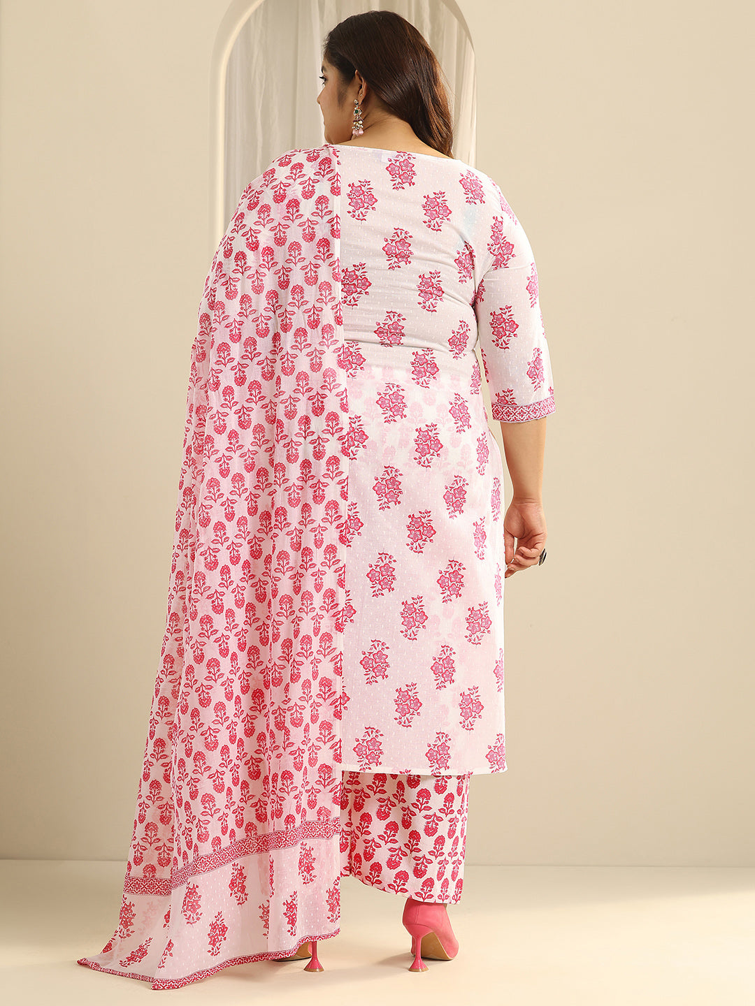 Plus Size Off White Floral Printed Cotton Straight Suit Set With Dupatta