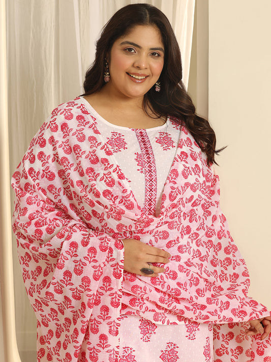 Plus Size Off White Floral Printed Cotton Straight Suit Set With Dupatta