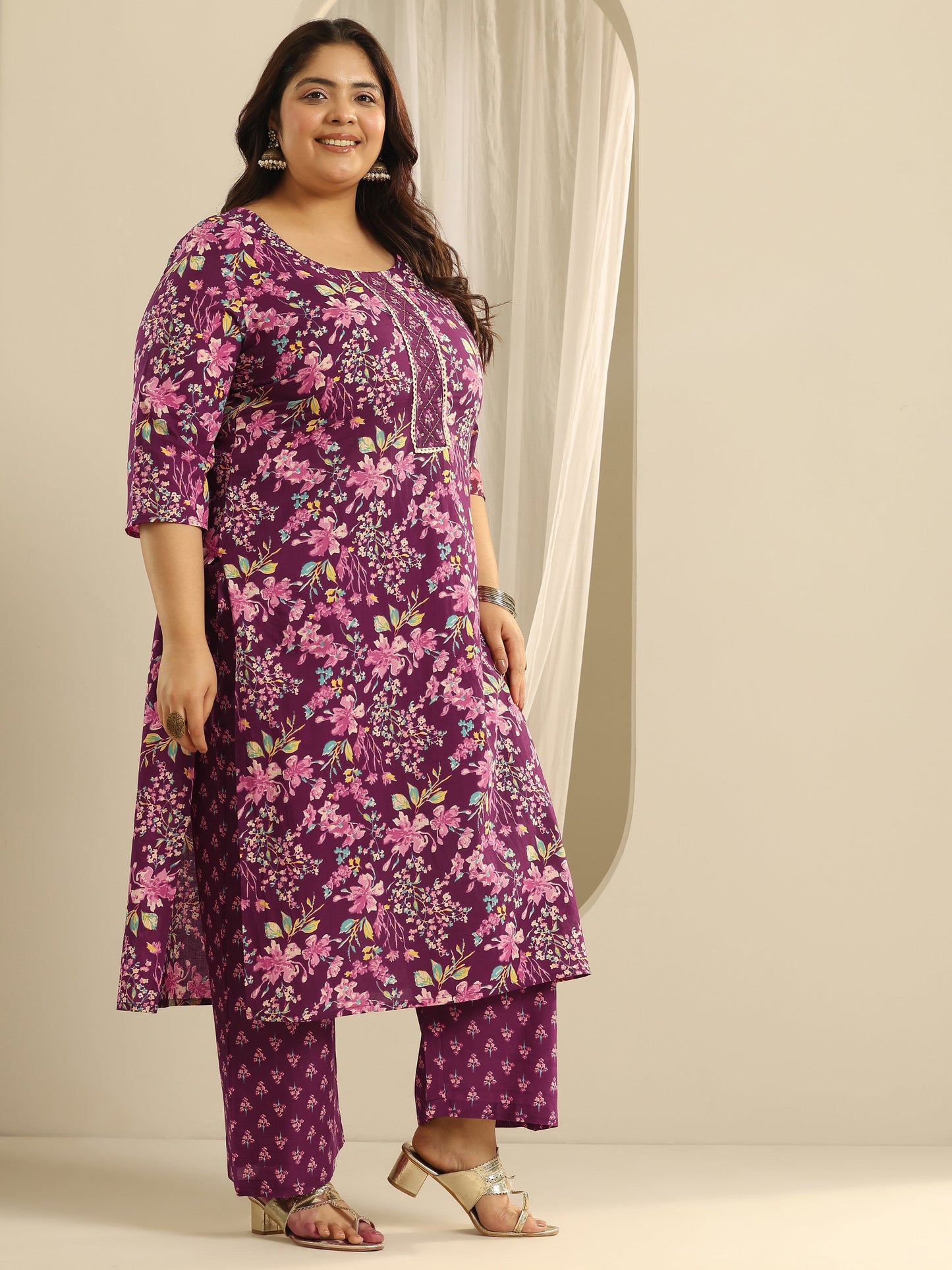 Plus Size Wine Floral Printed Cotton Straight Suit Set With Dupatta