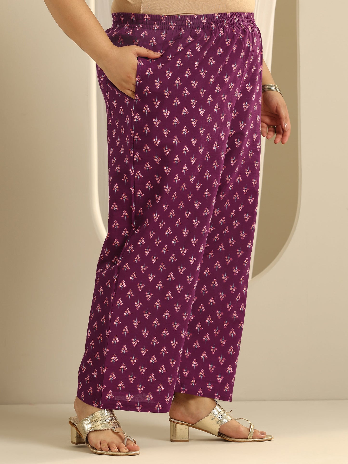 Plus Size Wine Floral Printed Cotton Straight Suit Set With Dupatta