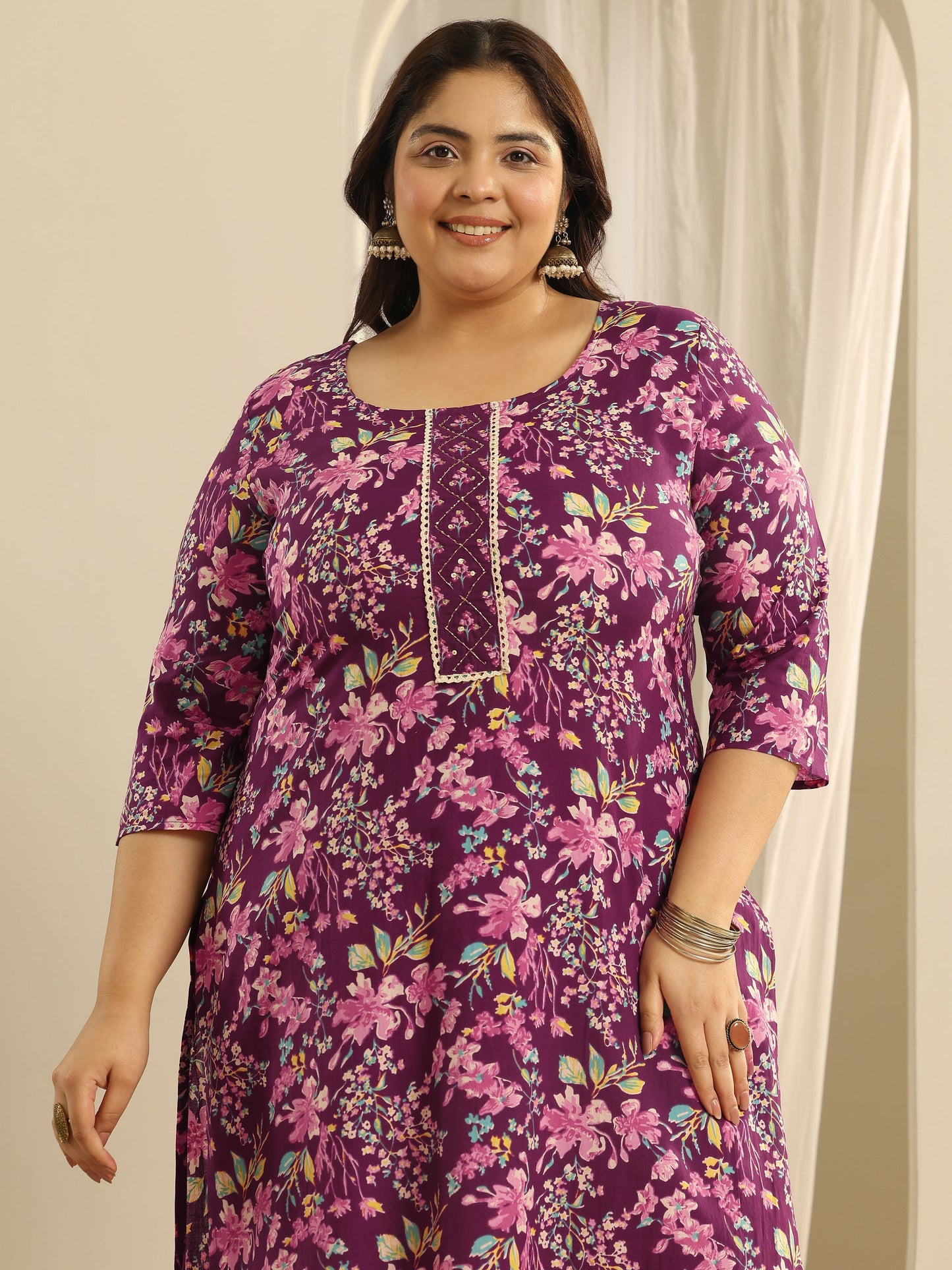 Plus Size Wine Floral Printed Cotton Straight Suit Set With Dupatta