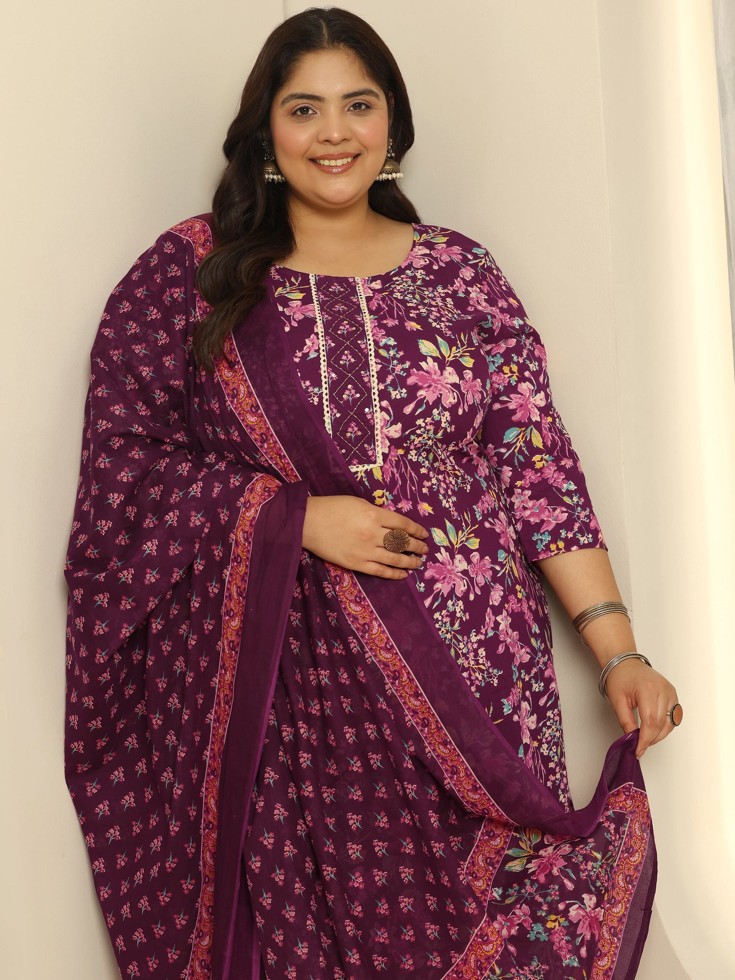 Plus Size Wine Floral Printed Cotton Straight Suit Set With Dupatta