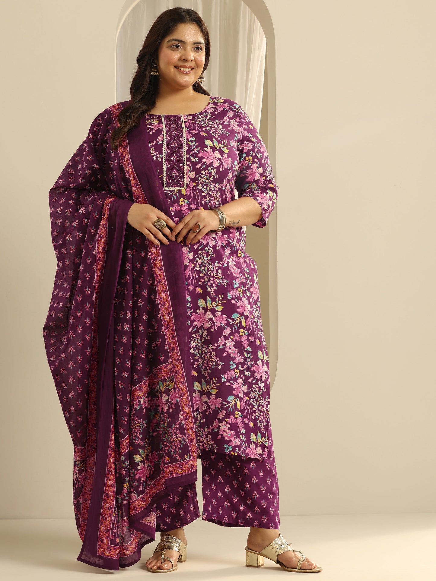 Plus Size Wine Floral Printed Cotton Straight Suit Set With Dupatta