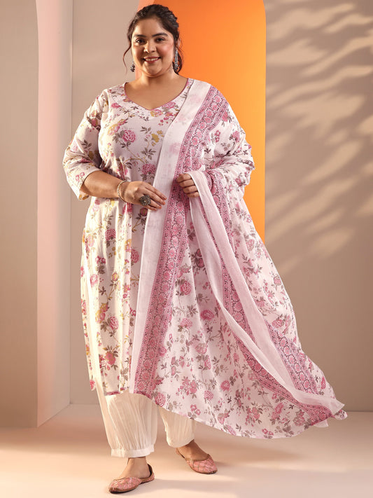 Plus Size Off White Floral Printed Cotton Straight Suit Set With Dupatta