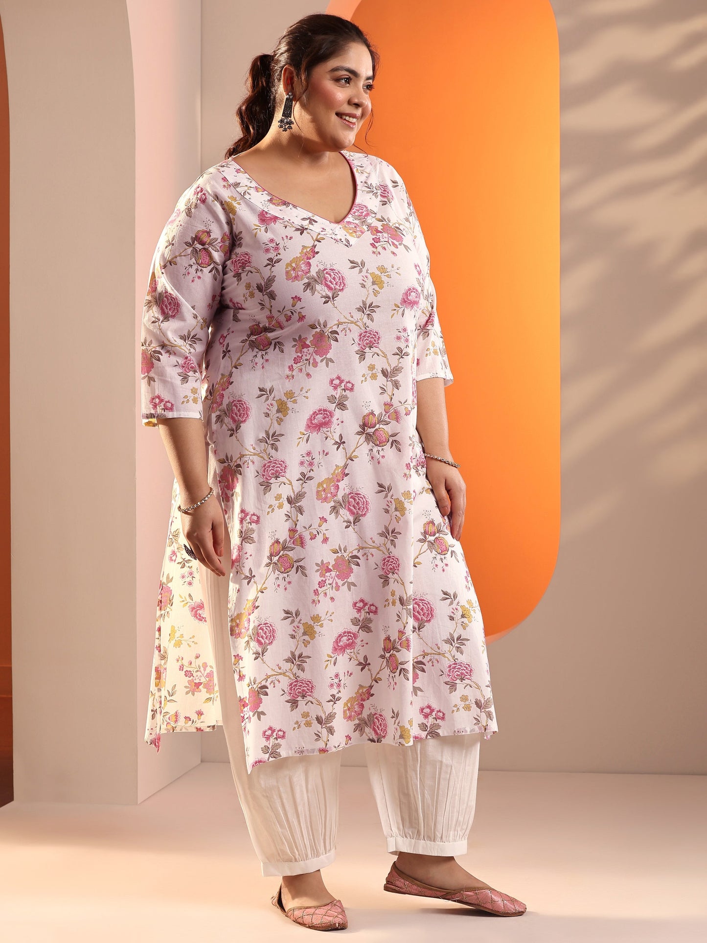 Plus Size Off White Floral Printed Cotton Straight Suit Set With Dupatta