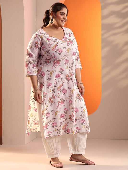 Plus Size Off White Floral Printed Cotton Straight Suit Set With Dupatta