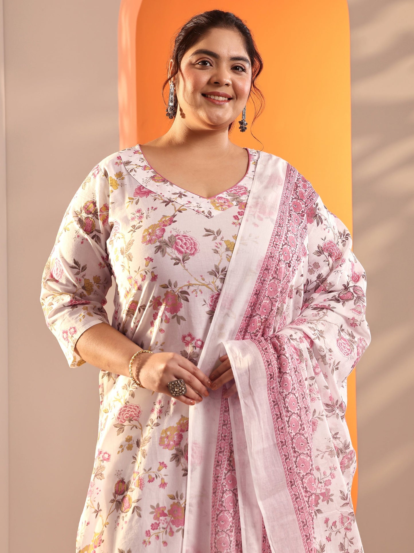 Plus Size Off White Floral Printed Cotton Straight Suit Set With Dupatta