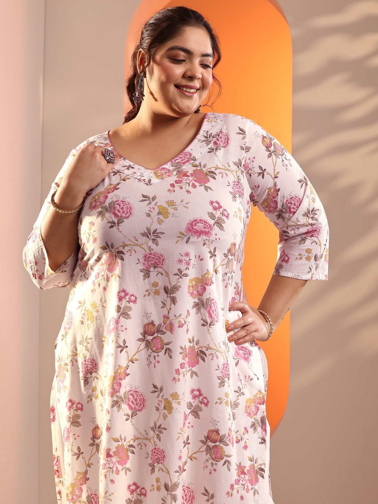 Plus Size Off White Floral Printed Cotton Straight Suit Set With Dupatta