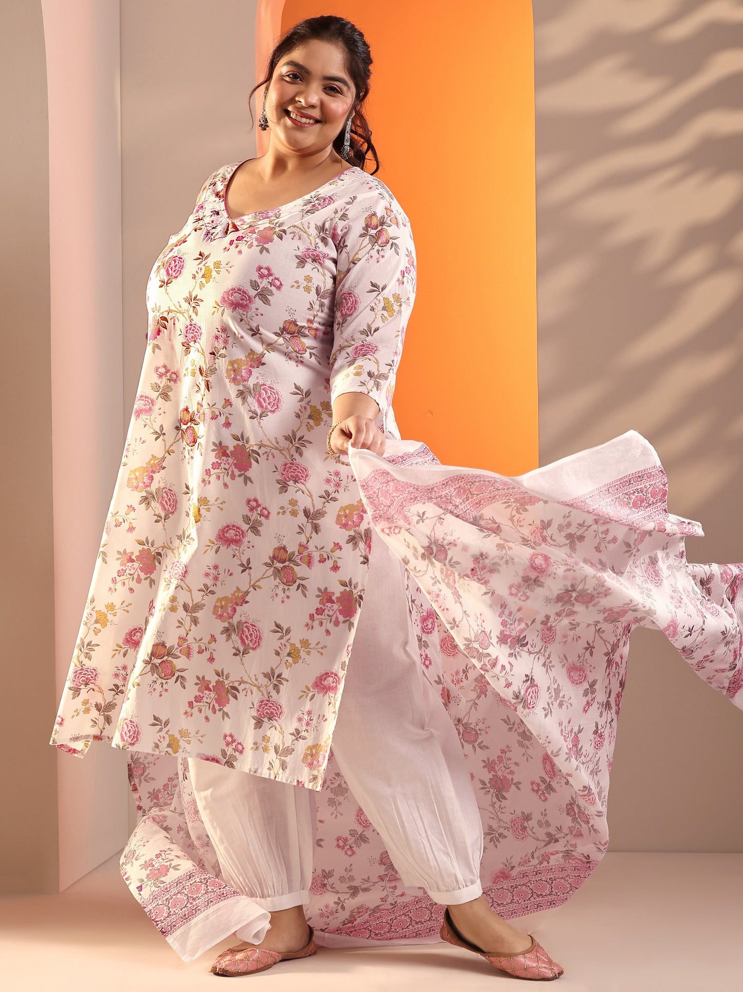 Plus Size Off White Floral Printed Cotton Straight Suit Set With Dupatta