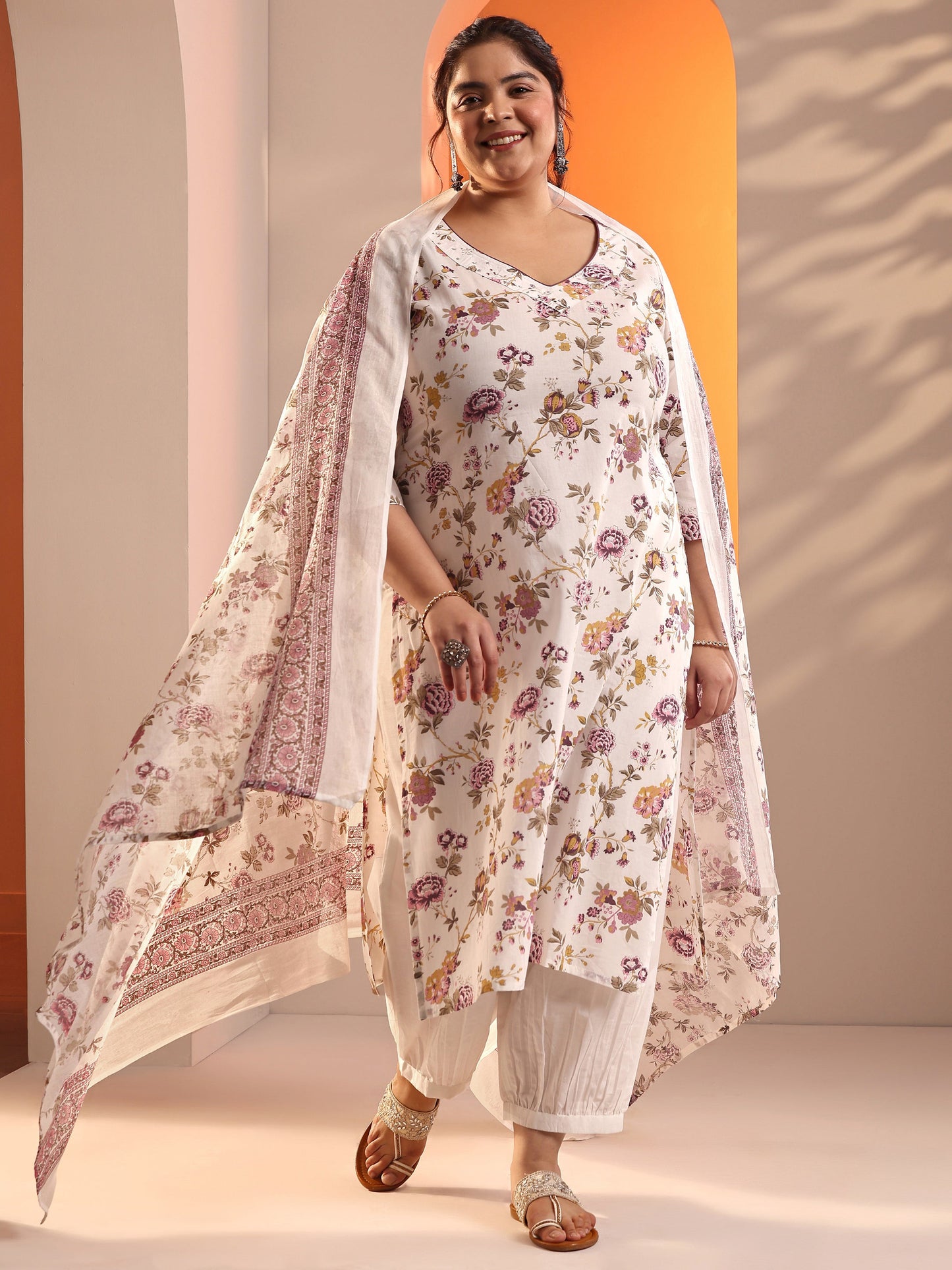 Plus Size Off White Floral Printed Cotton Straight Suit Set With Dupatta