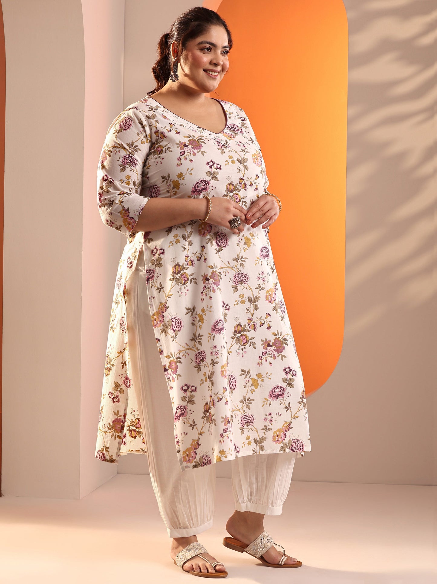 Plus Size Off White Floral Printed Cotton Straight Suit Set With Dupatta