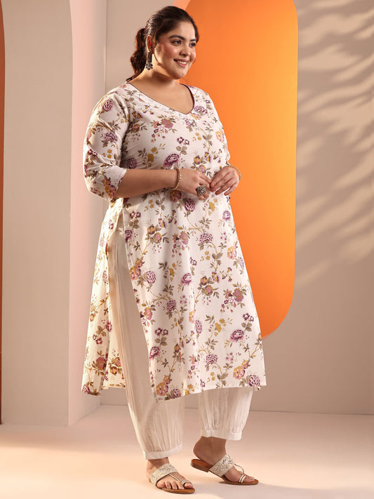 Plus Size Off White Floral Printed Cotton Straight Suit Set With Dupatta