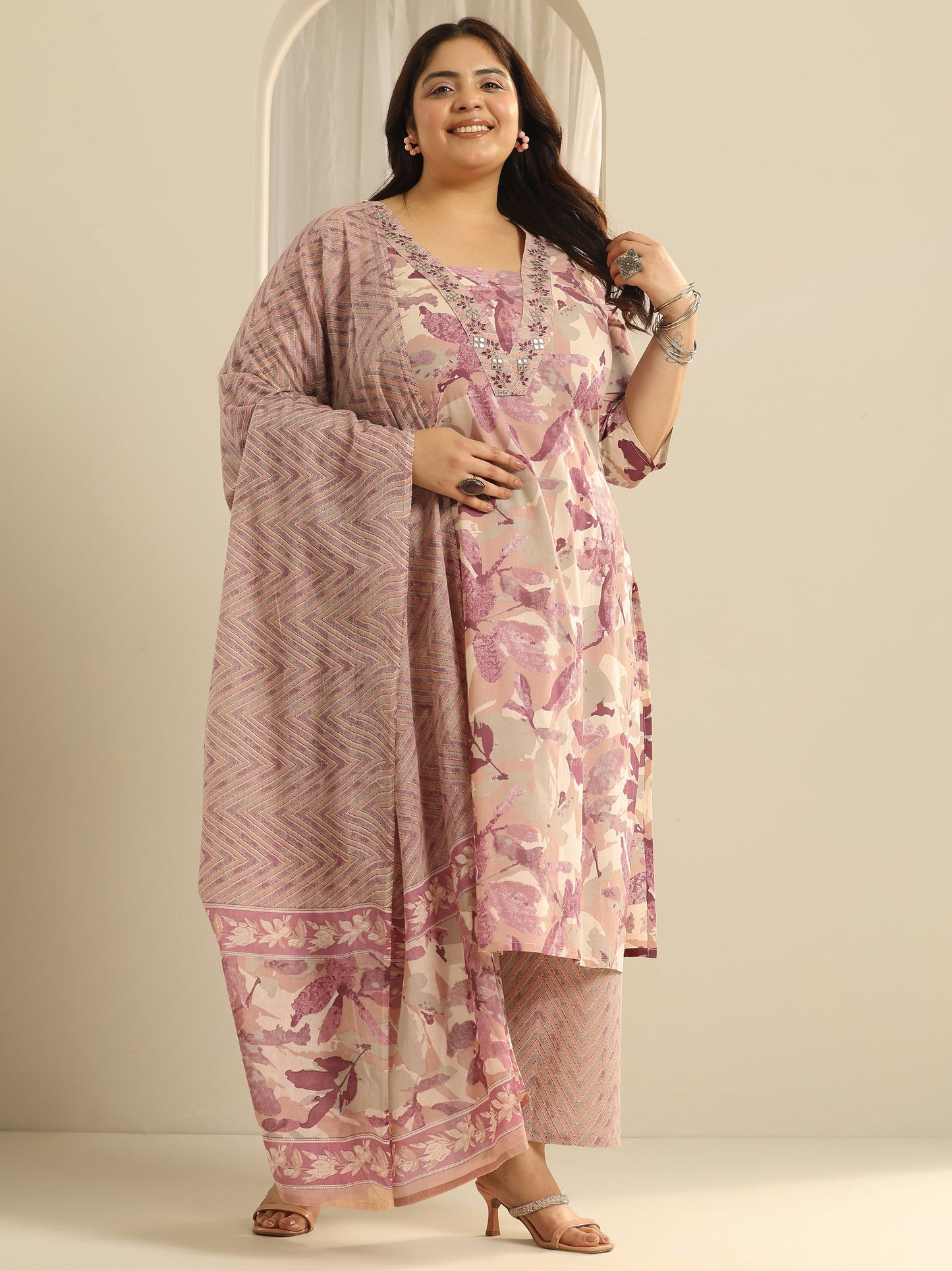 Plus Size Off White Floral Printed Cotton Straight Suit Set With Dupatta