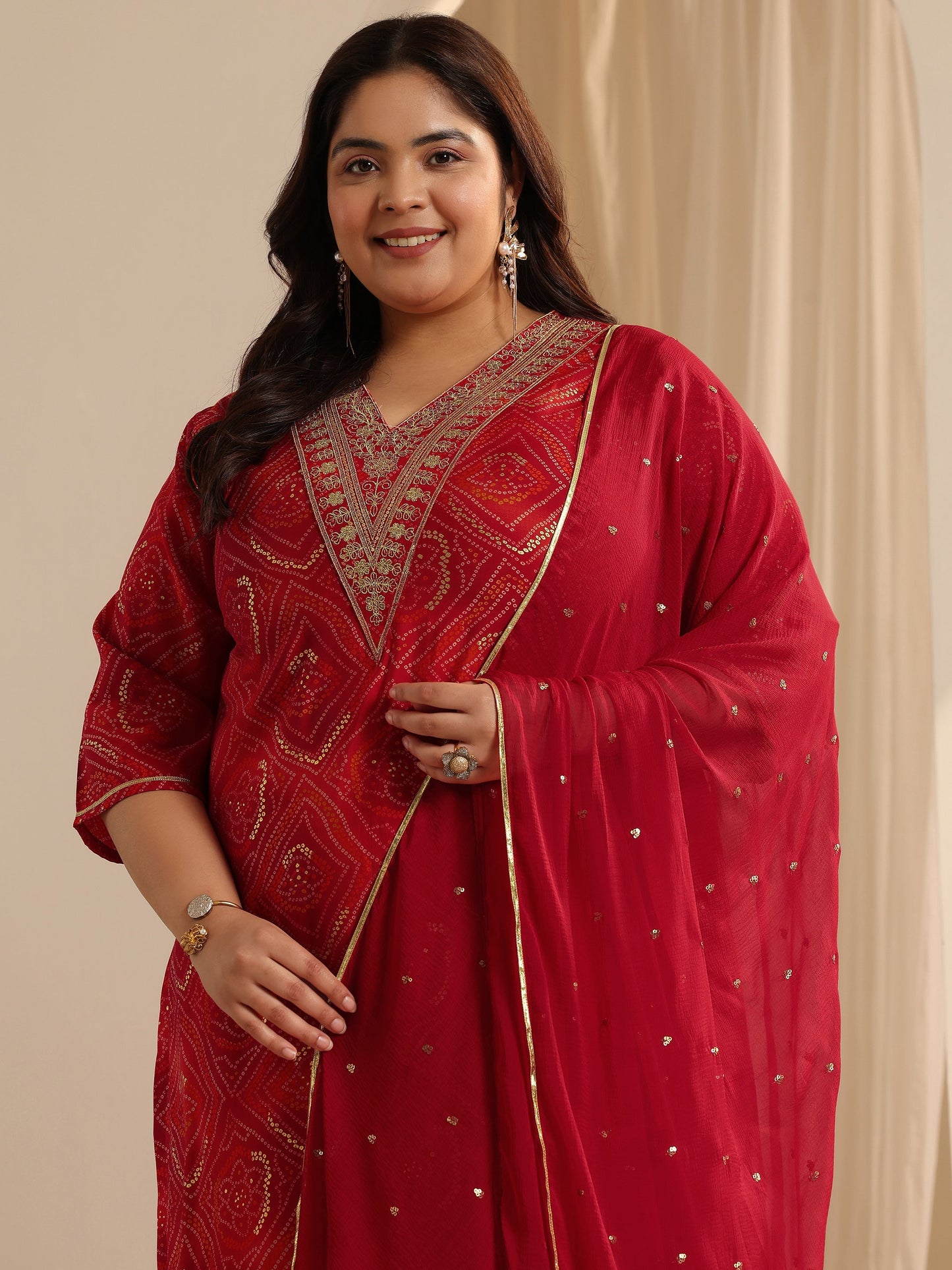 Plus Size Red Printed Silk blend Straight Suit Set With Dupatta
