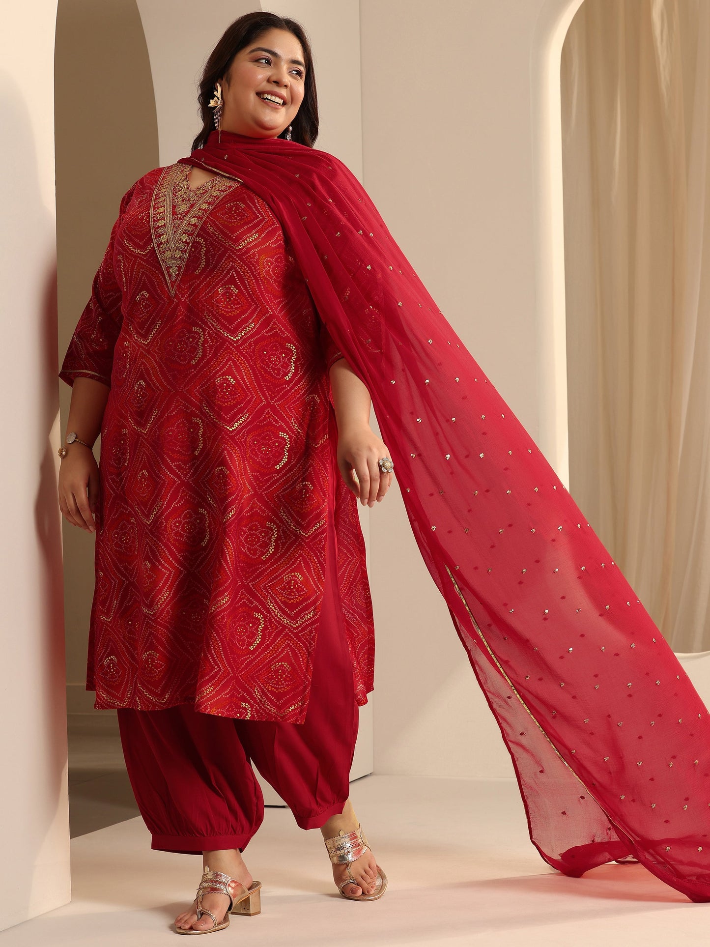 Plus Size Red Printed Silk blend Straight Suit Set With Dupatta