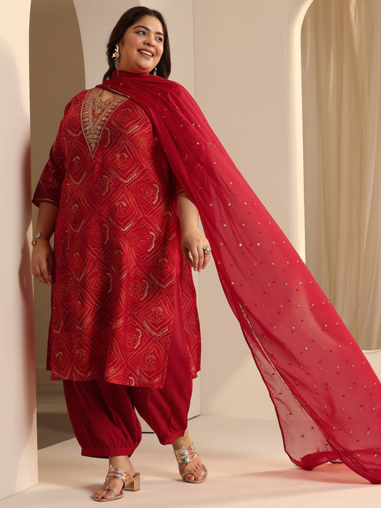 Plus Size Red Printed Silk blend Straight Suit Set With Dupatta