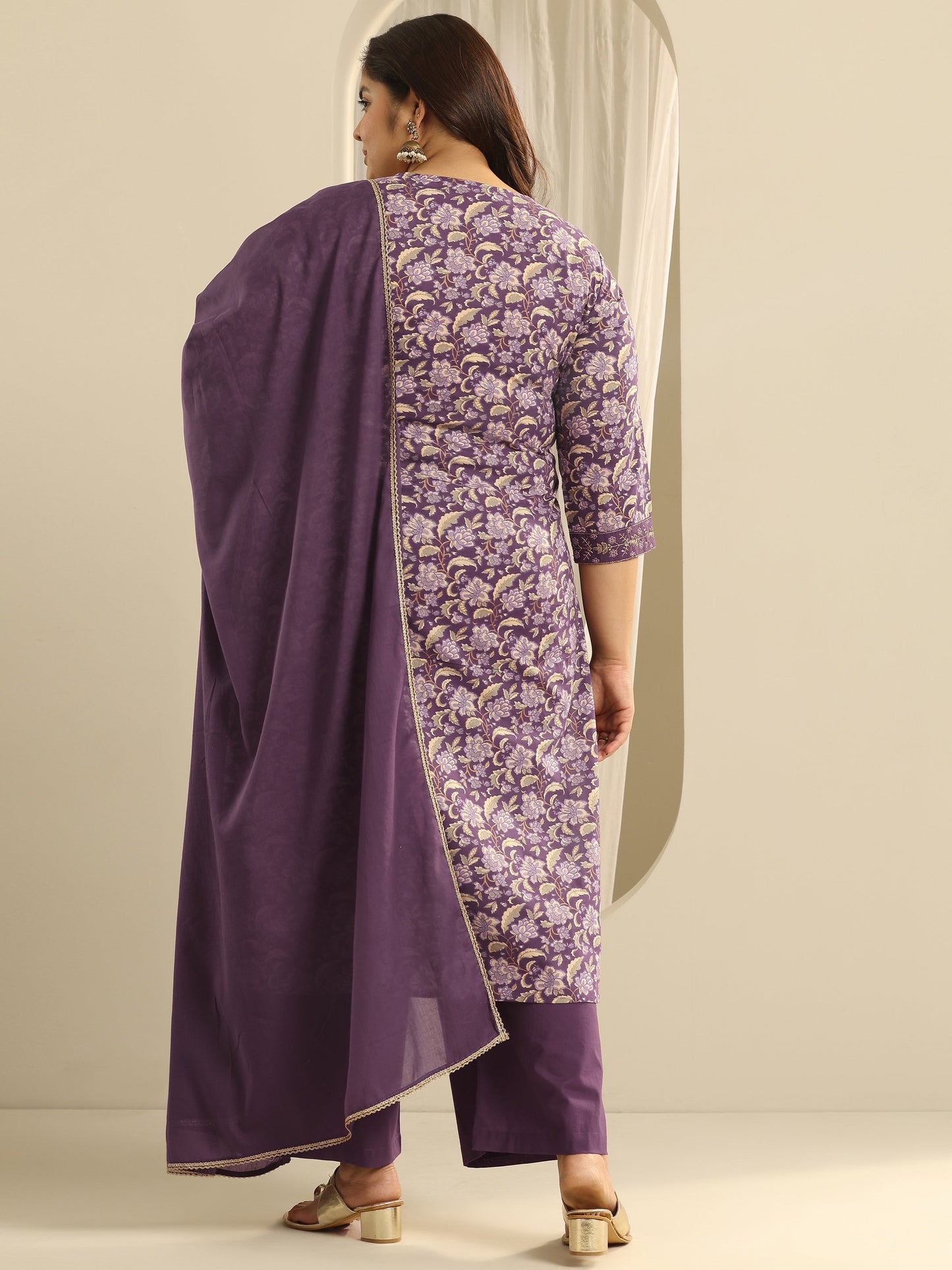 Plus Size Purple Yoke Design Cotton Straight Suit Set With Dupatta