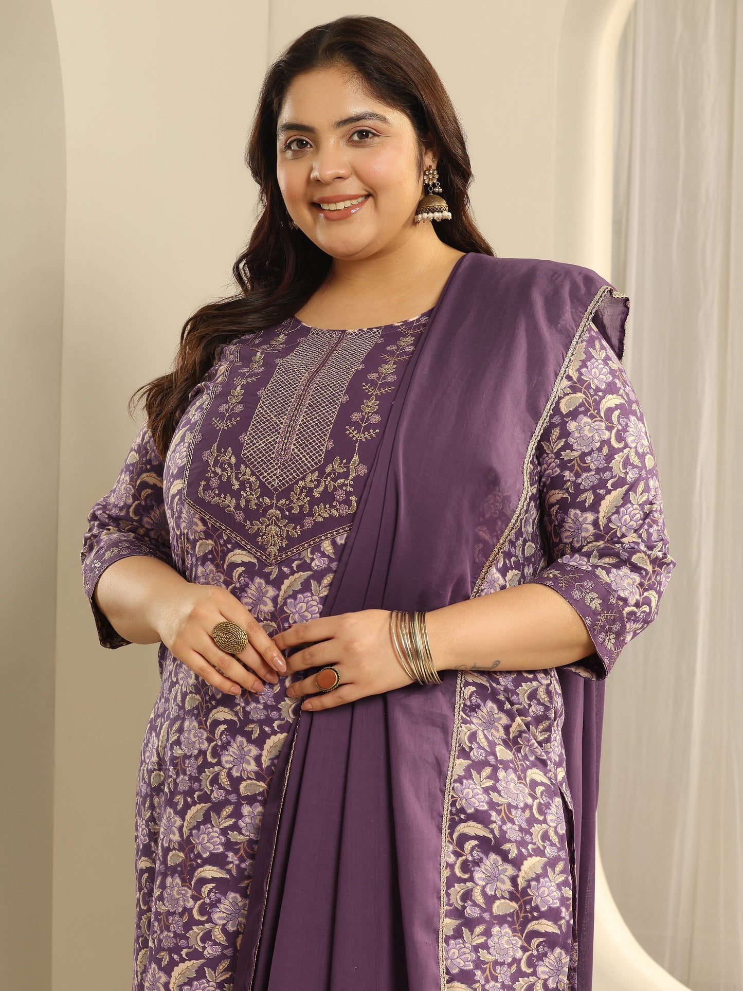 Plus Size Purple Yoke Design Cotton Straight Suit Set With Dupatta