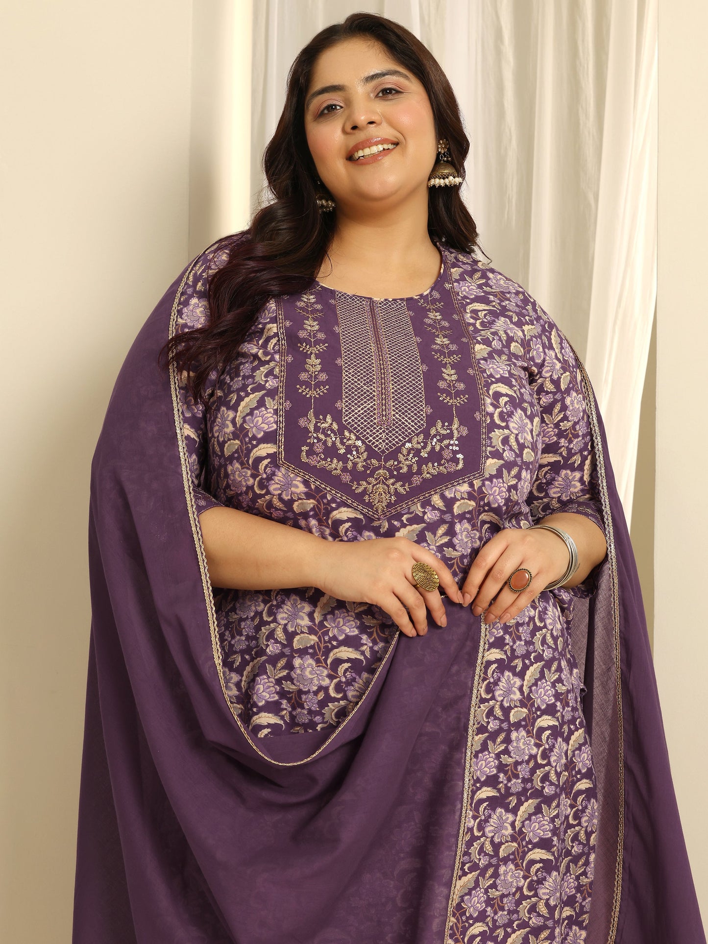 Plus Size Purple Yoke Design Cotton Straight Suit Set With Dupatta