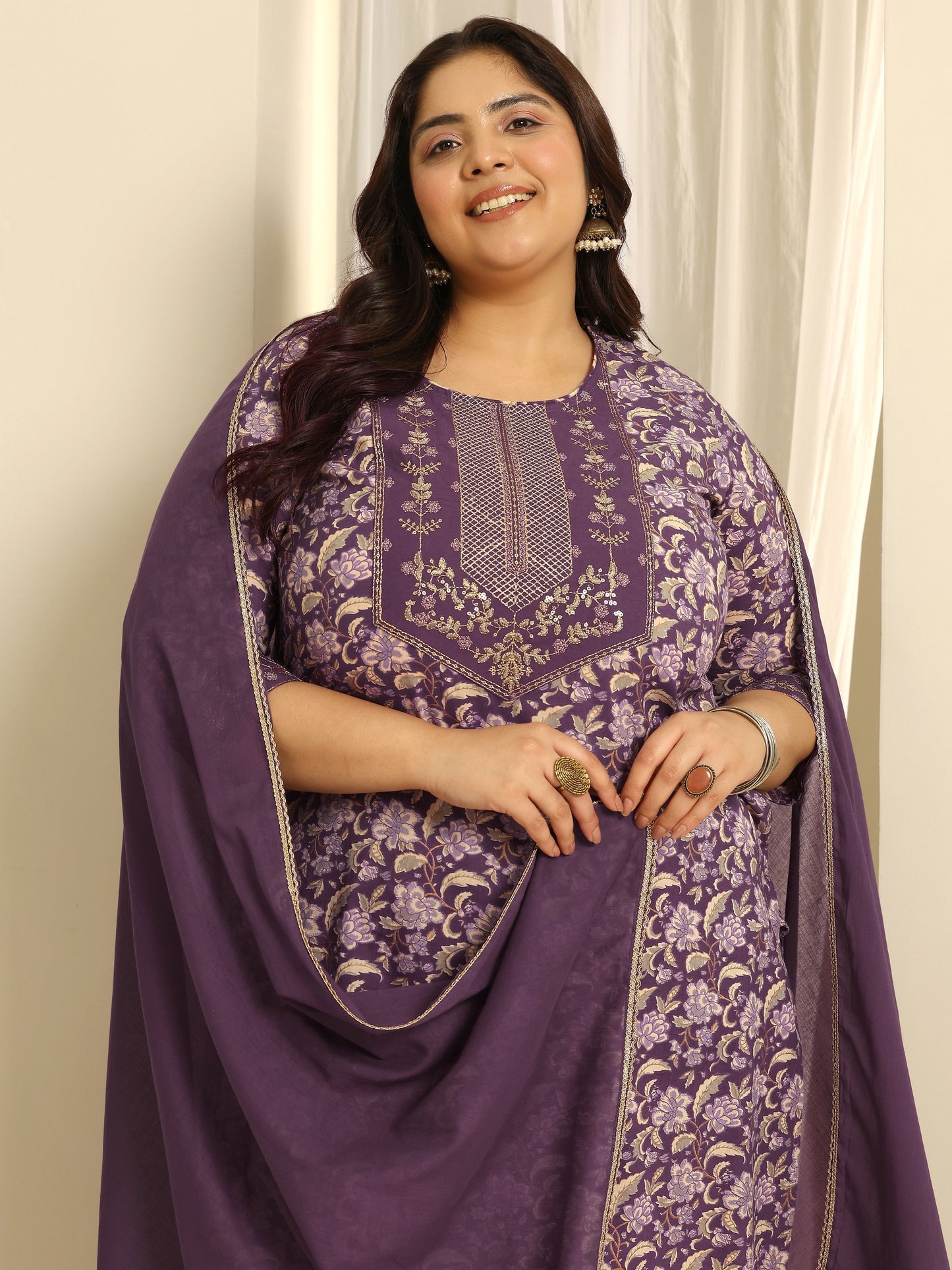 Plus Size Purple Yoke Design Cotton Straight Suit Set With Dupatta
