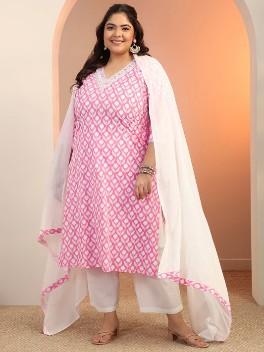 Plus Size Pink Yoke Design Cotton Straight Suit Set With Dupatta