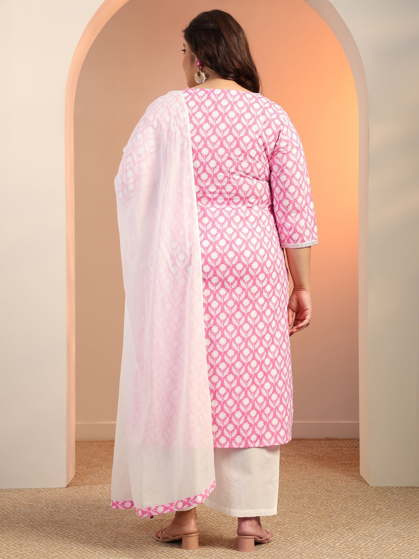 Plus Size Pink Yoke Design Cotton Straight Suit Set With Dupatta