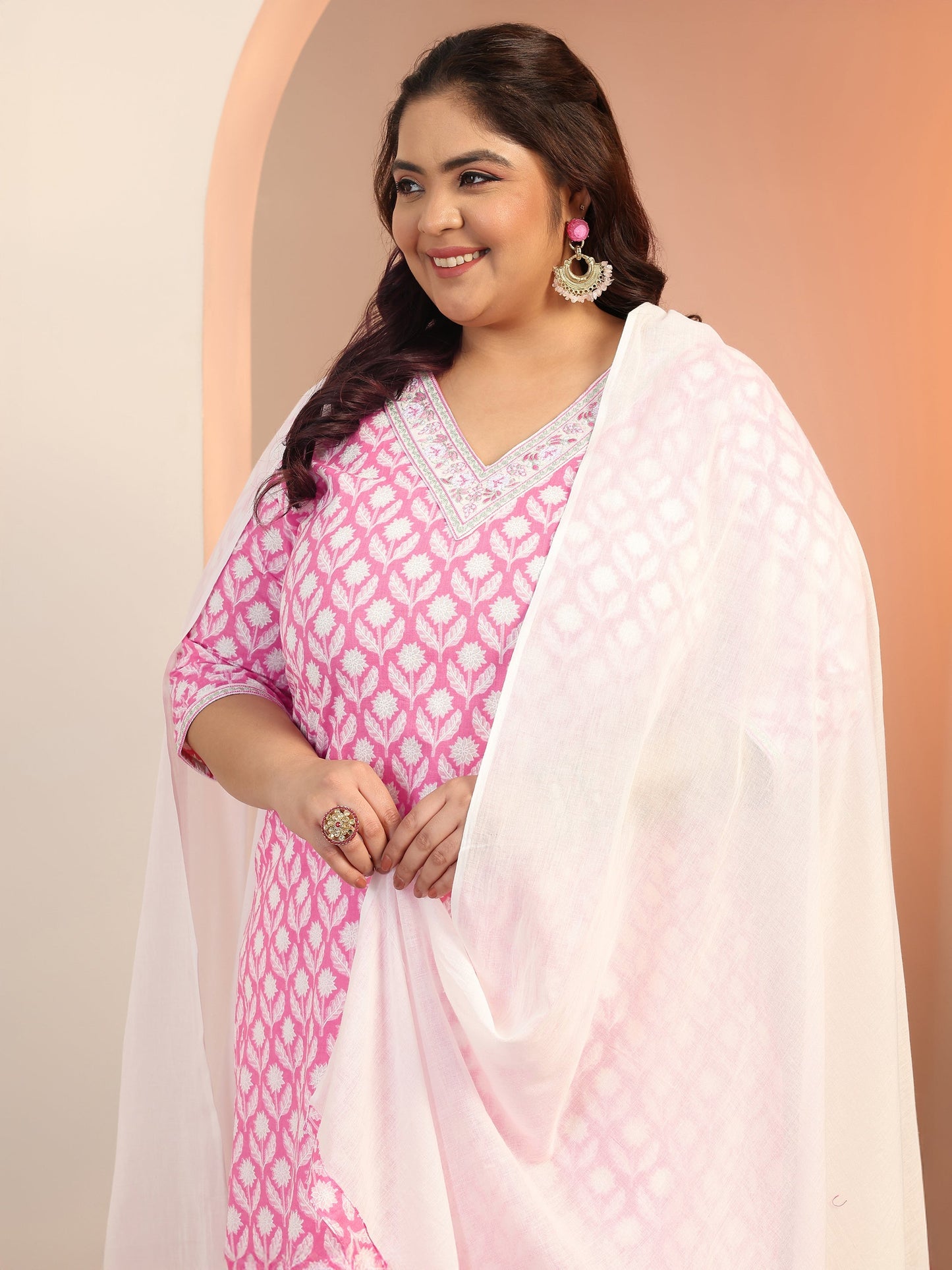 Plus Size Pink Yoke Design Cotton Straight Suit Set With Dupatta