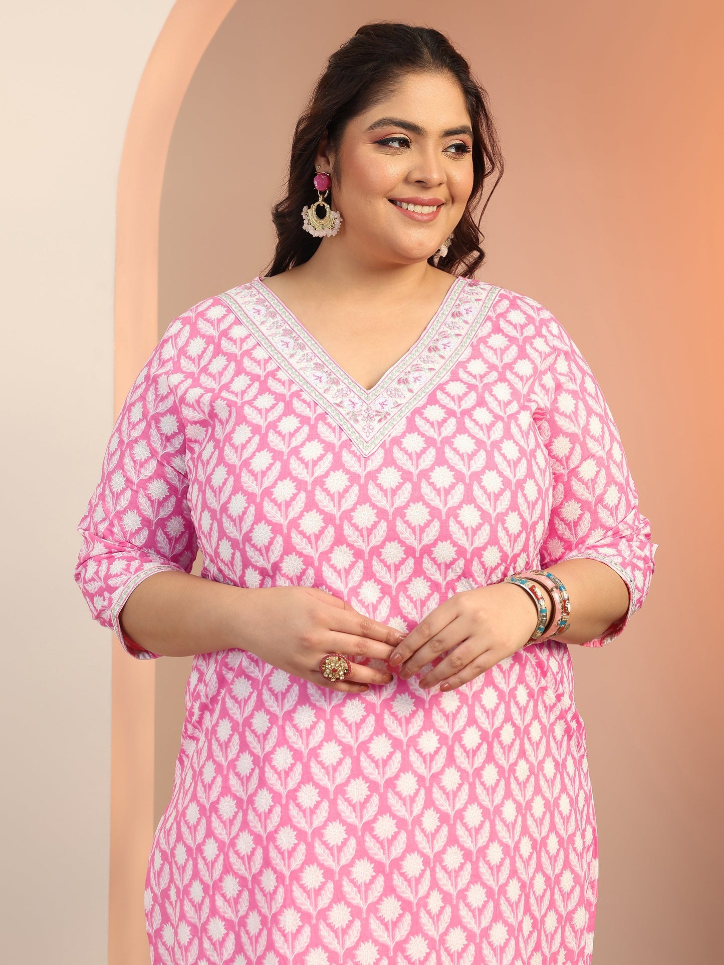 Plus Size Pink Yoke Design Cotton Straight Suit Set With Dupatta