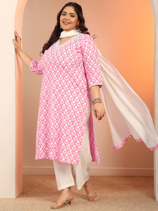 Plus Size Pink Yoke Design Cotton Straight Suit Set With Dupatta