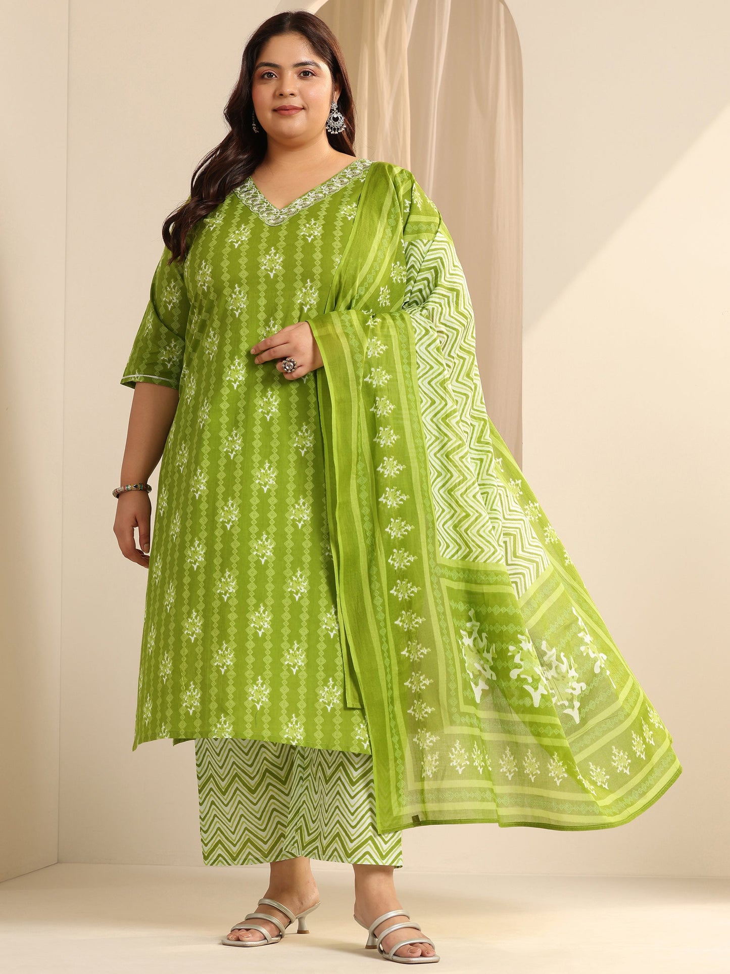 Plus Size Green Printed Cotton Straight Suit Set With Dupatta