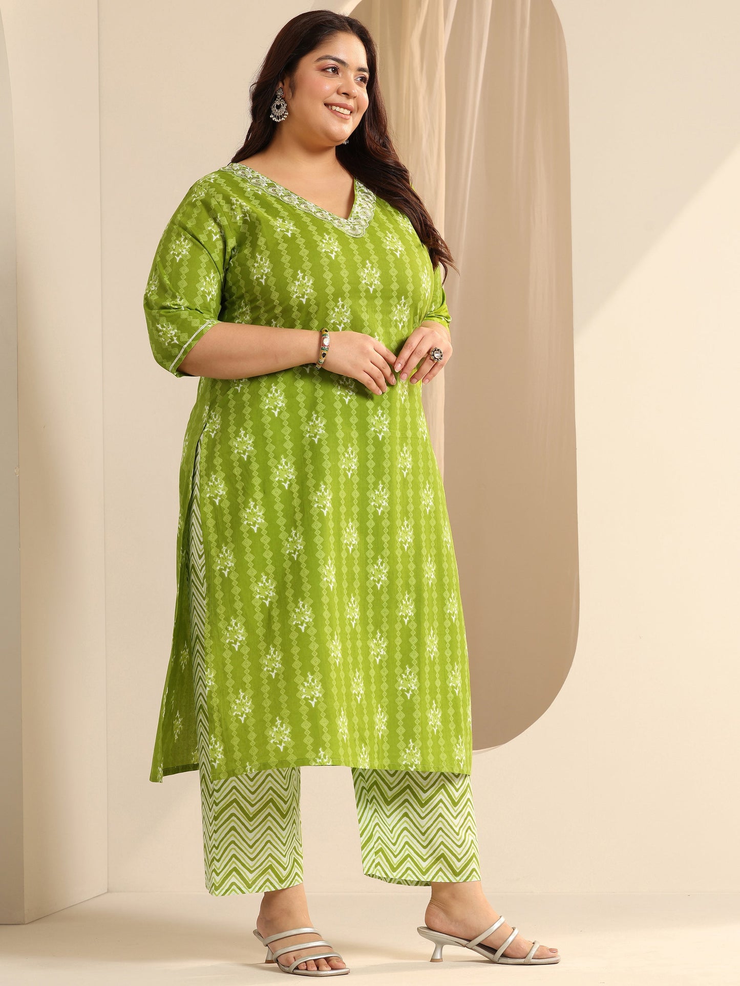 Plus Size Green Printed Cotton Straight Suit Set With Dupatta