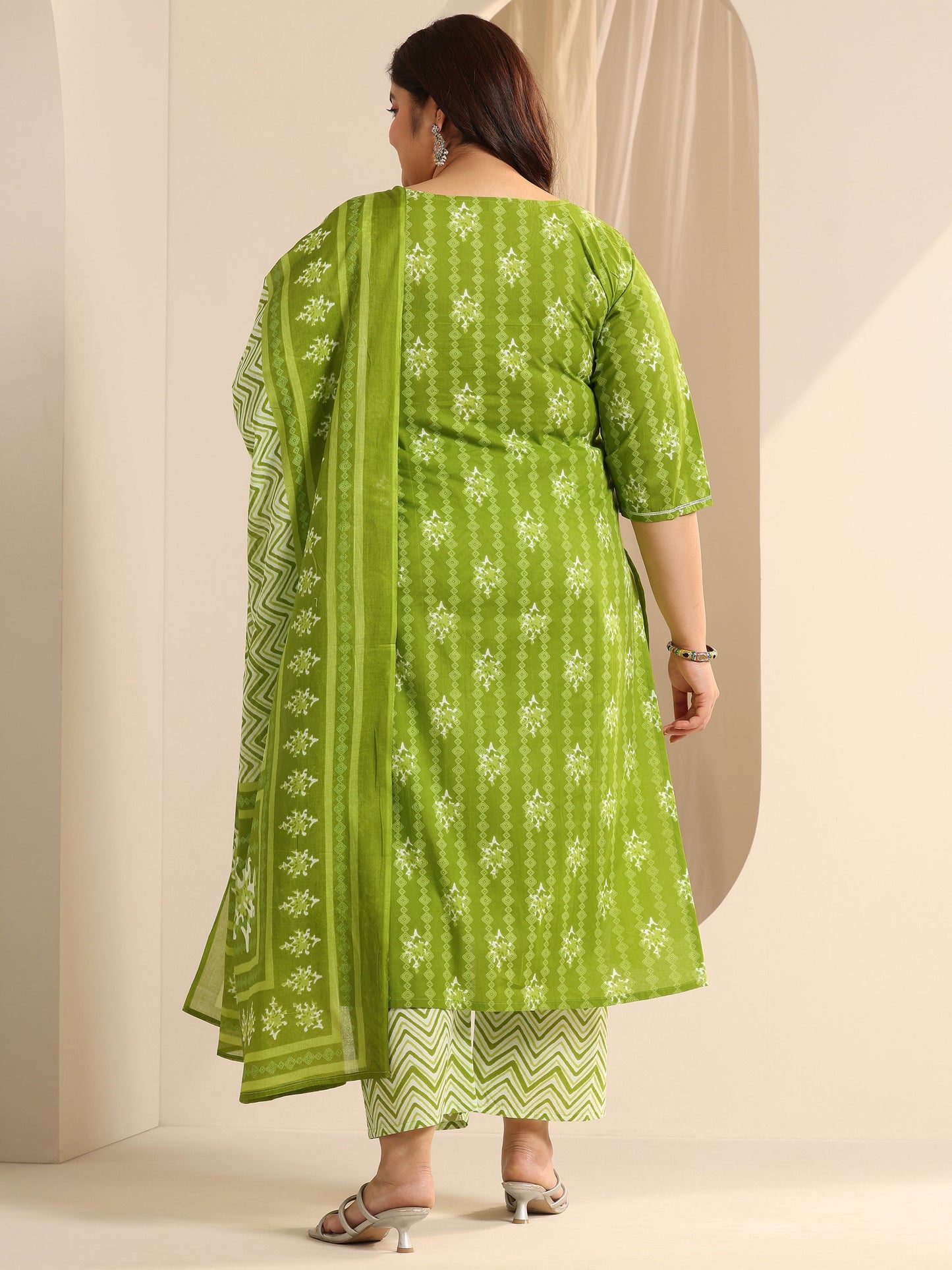 Plus Size Green Printed Cotton Straight Suit Set With Dupatta