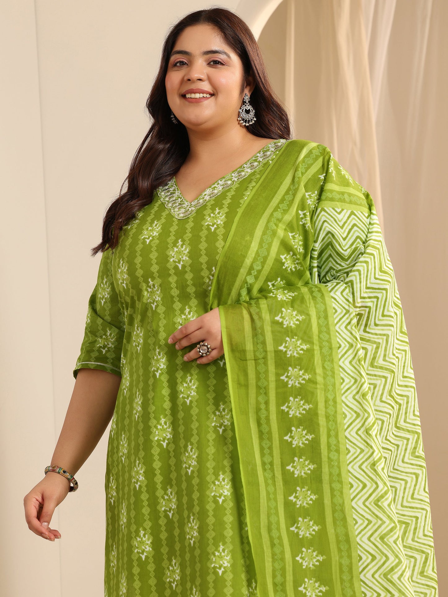 Plus Size Green Printed Cotton Straight Suit Set With Dupatta