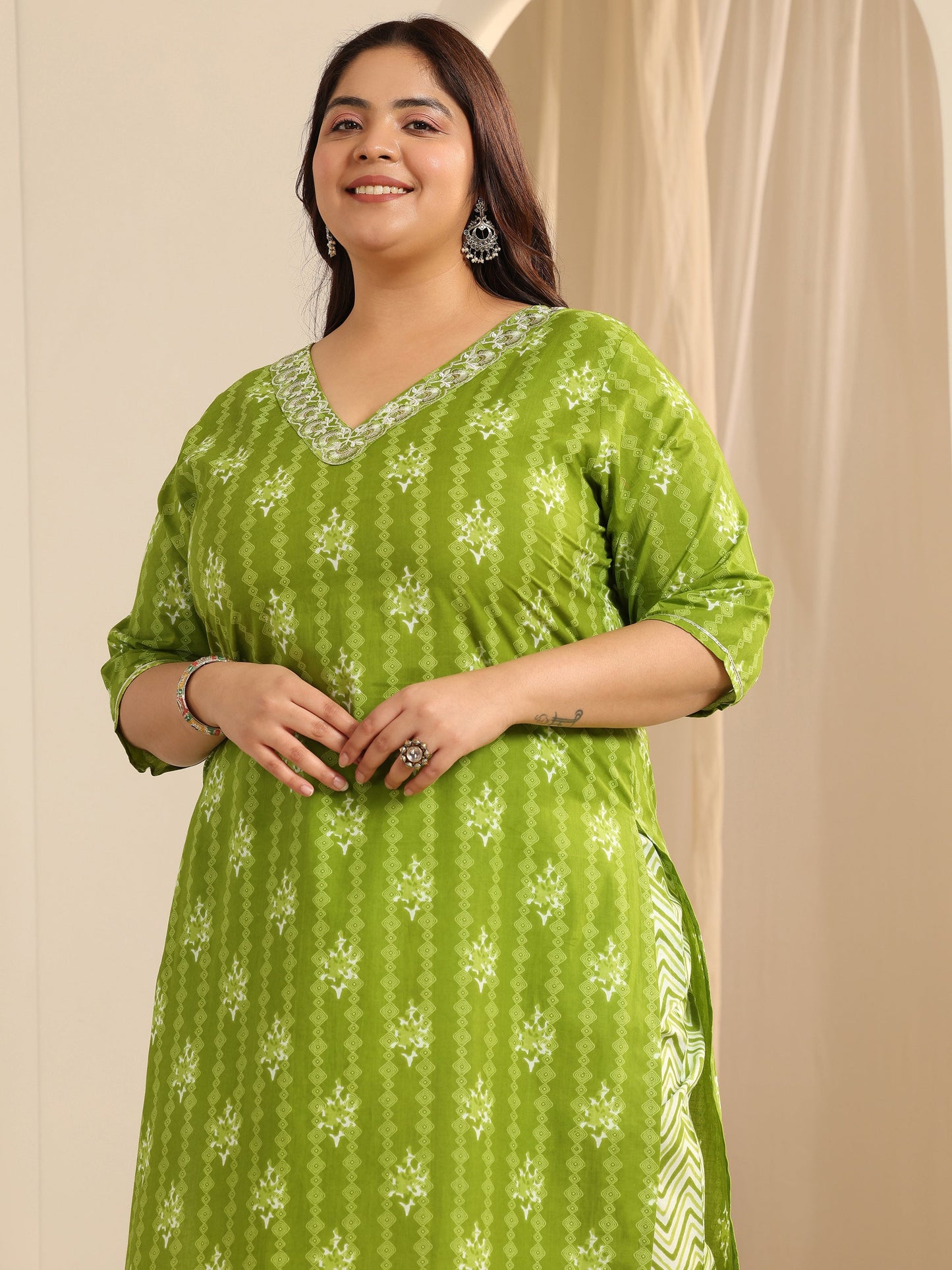 Plus Size Green Printed Cotton Straight Suit Set With Dupatta