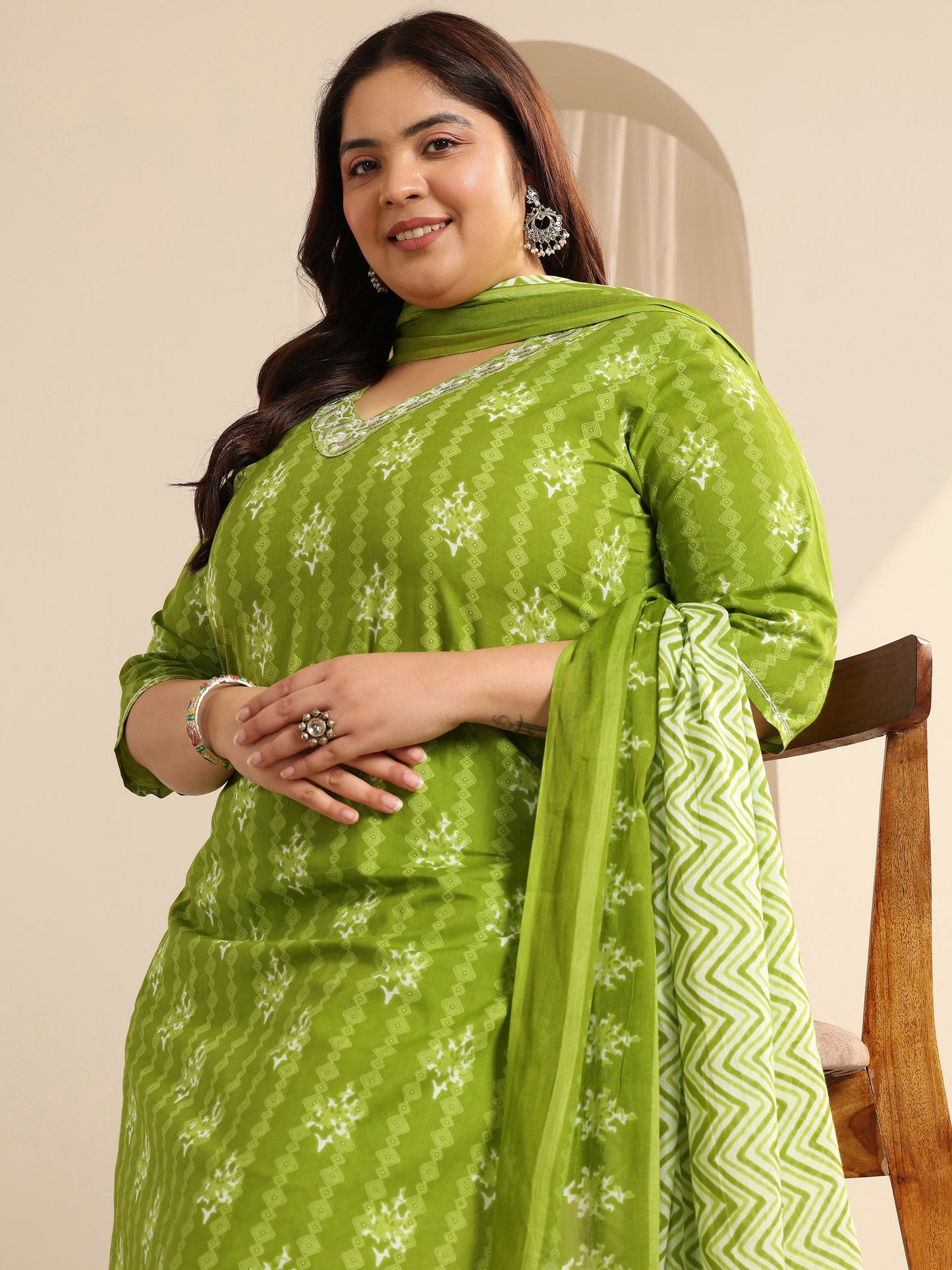 Plus Size Green Printed Cotton Straight Suit Set With Dupatta