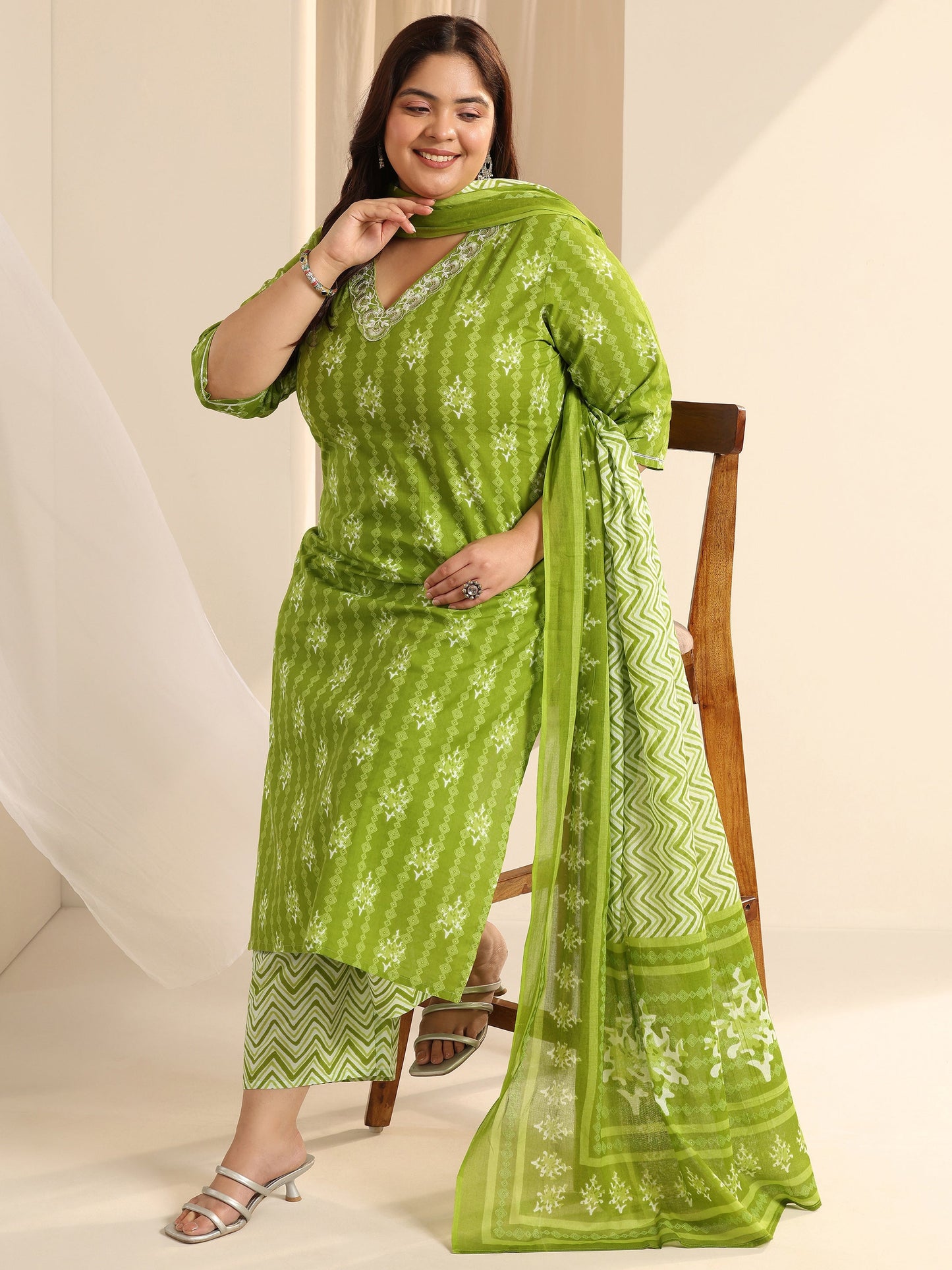 Plus Size Green Printed Cotton Straight Suit Set With Dupatta