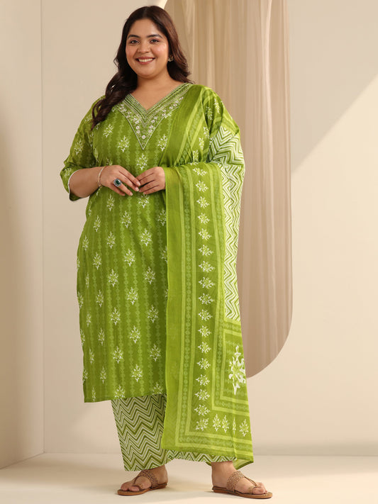 Plus Size Green Printed Cotton Straight Suit Set With Dupatta