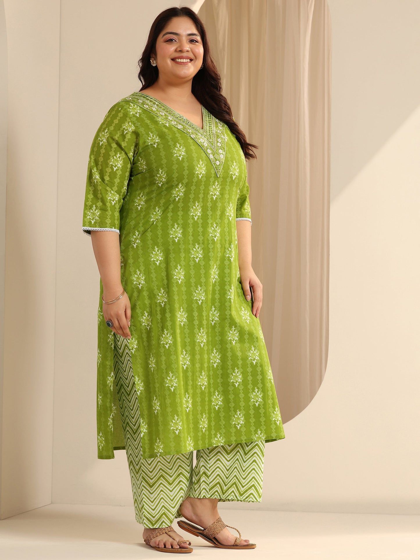 Plus Size Green Printed Cotton Straight Suit Set With Dupatta