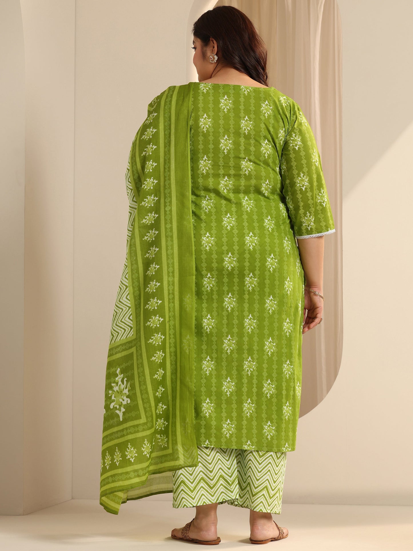 Plus Size Green Printed Cotton Straight Suit Set With Dupatta