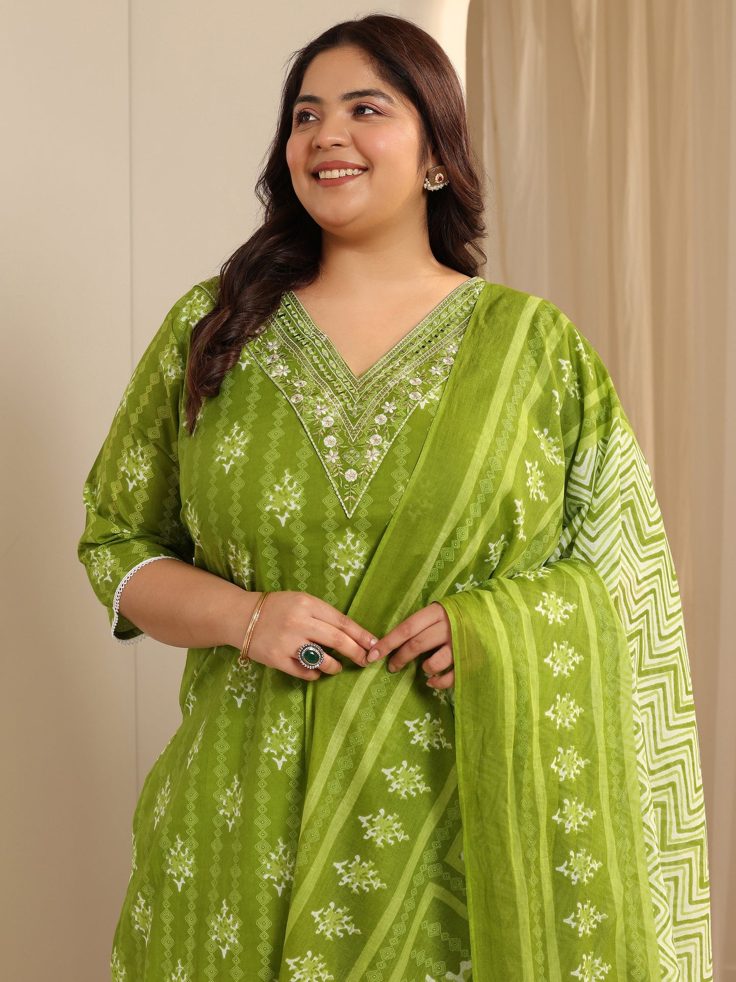 Plus Size Green Printed Cotton Straight Suit Set With Dupatta