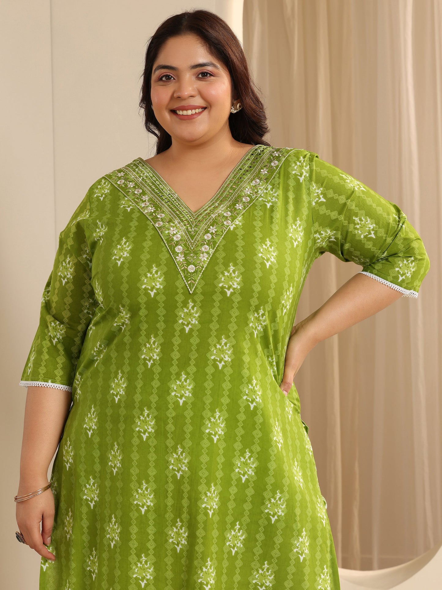 Plus Size Green Printed Cotton Straight Suit Set With Dupatta