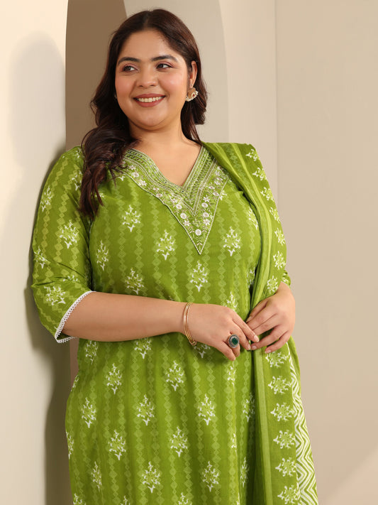 Plus Size Green Printed Cotton Straight Suit Set With Dupatta